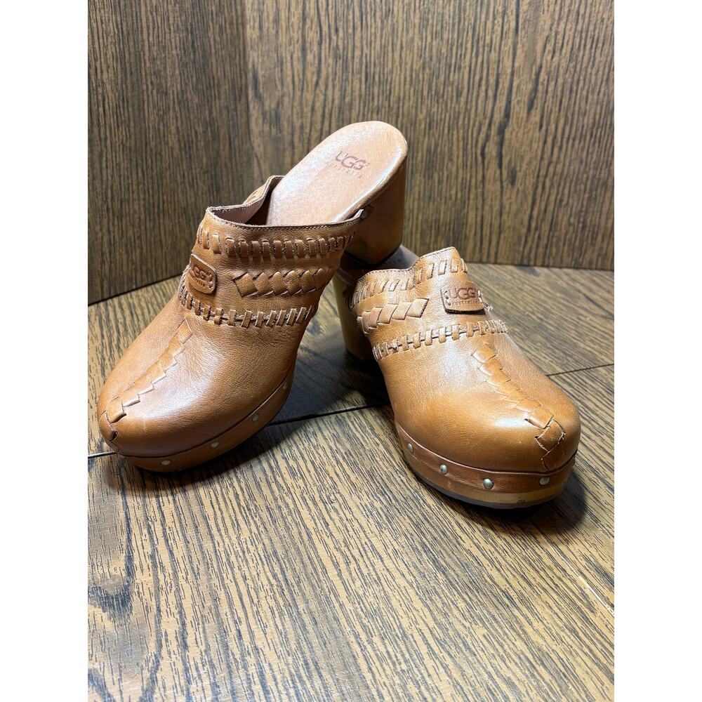 UGG Brown Leather Vivica Clog/Mule Braided Detail Wood Platform Size 7 - Picture 14 of 16